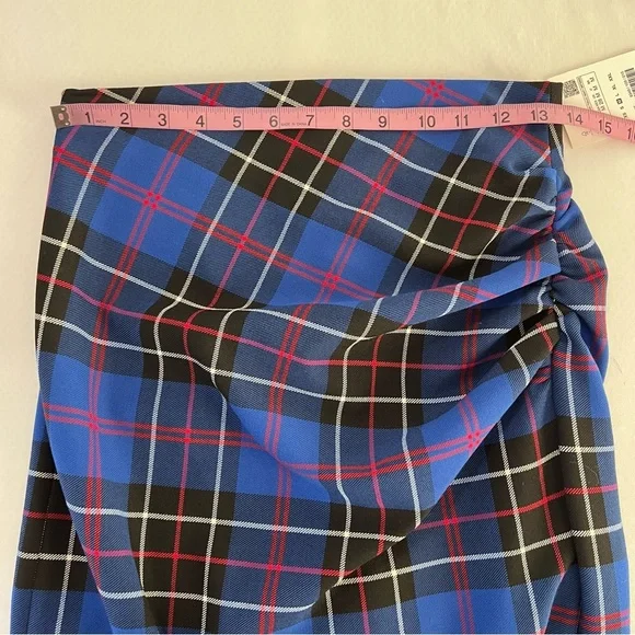 Zara Skirt Midi Women Medium Tartan Plaid Check Side Slit Ruched Blue Pencil Q - Picture 9 of 11